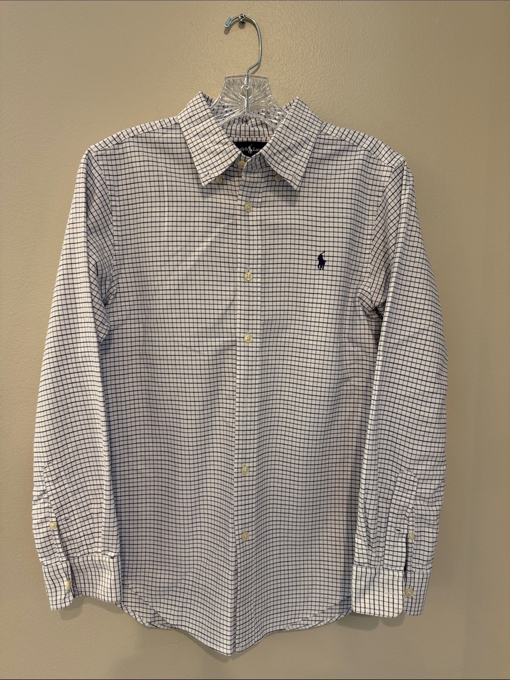 Ralph Lauren White Button-Down Shirt with Navy Check - Youth Size 16